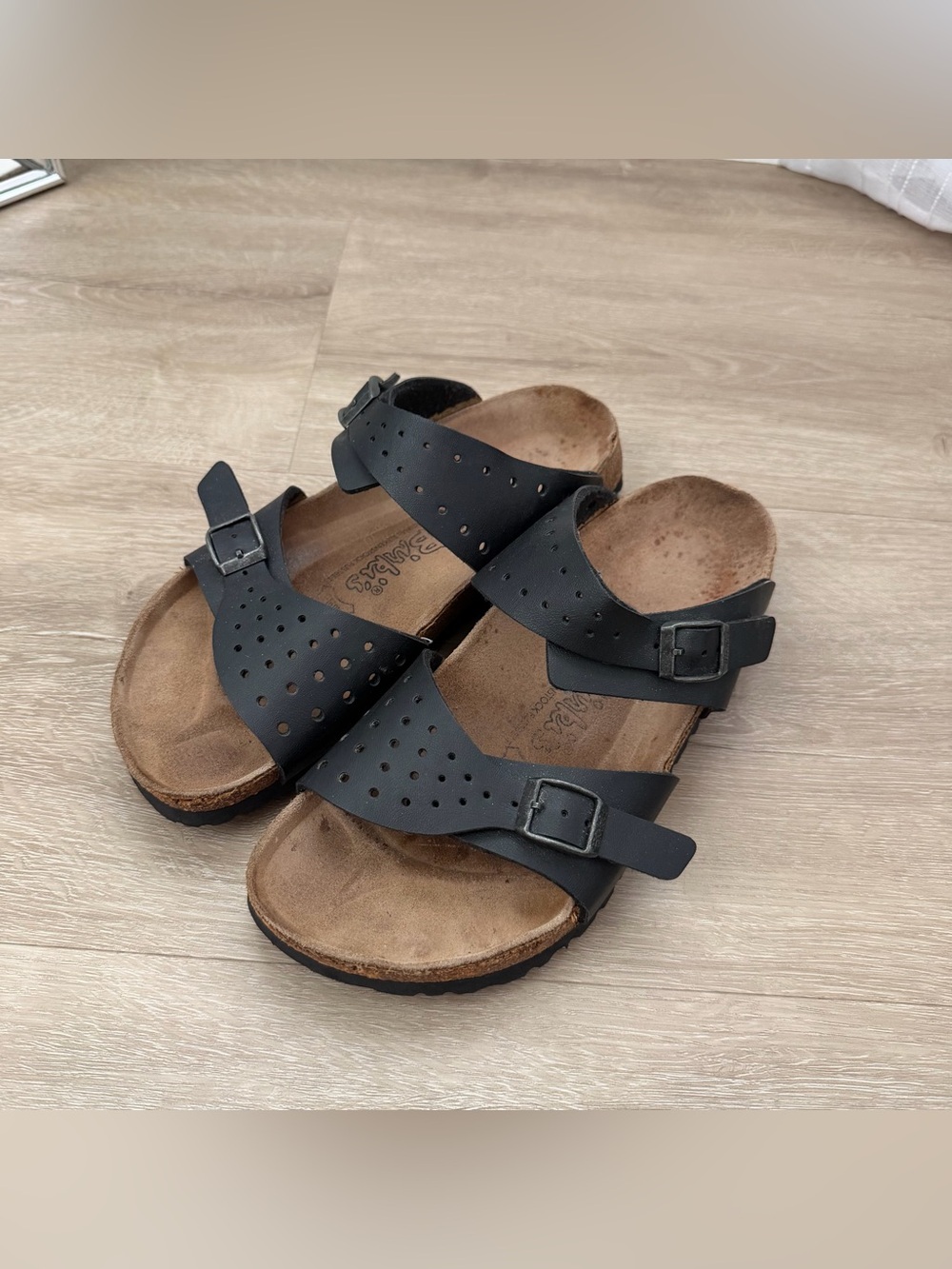 Birkenstock Birkis Black Leather Perforated Strap Sandals Women's Size 8